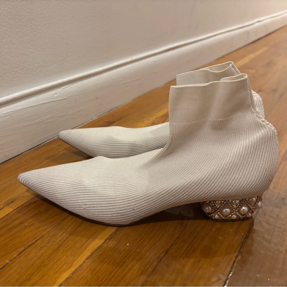 Rene Caovilla Cream Ankle Boots with Pearl Embellished Heel